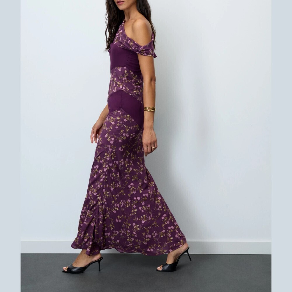 Plum Purple Floral Patchwork Colorblock Off Shoulder Maxi Dress